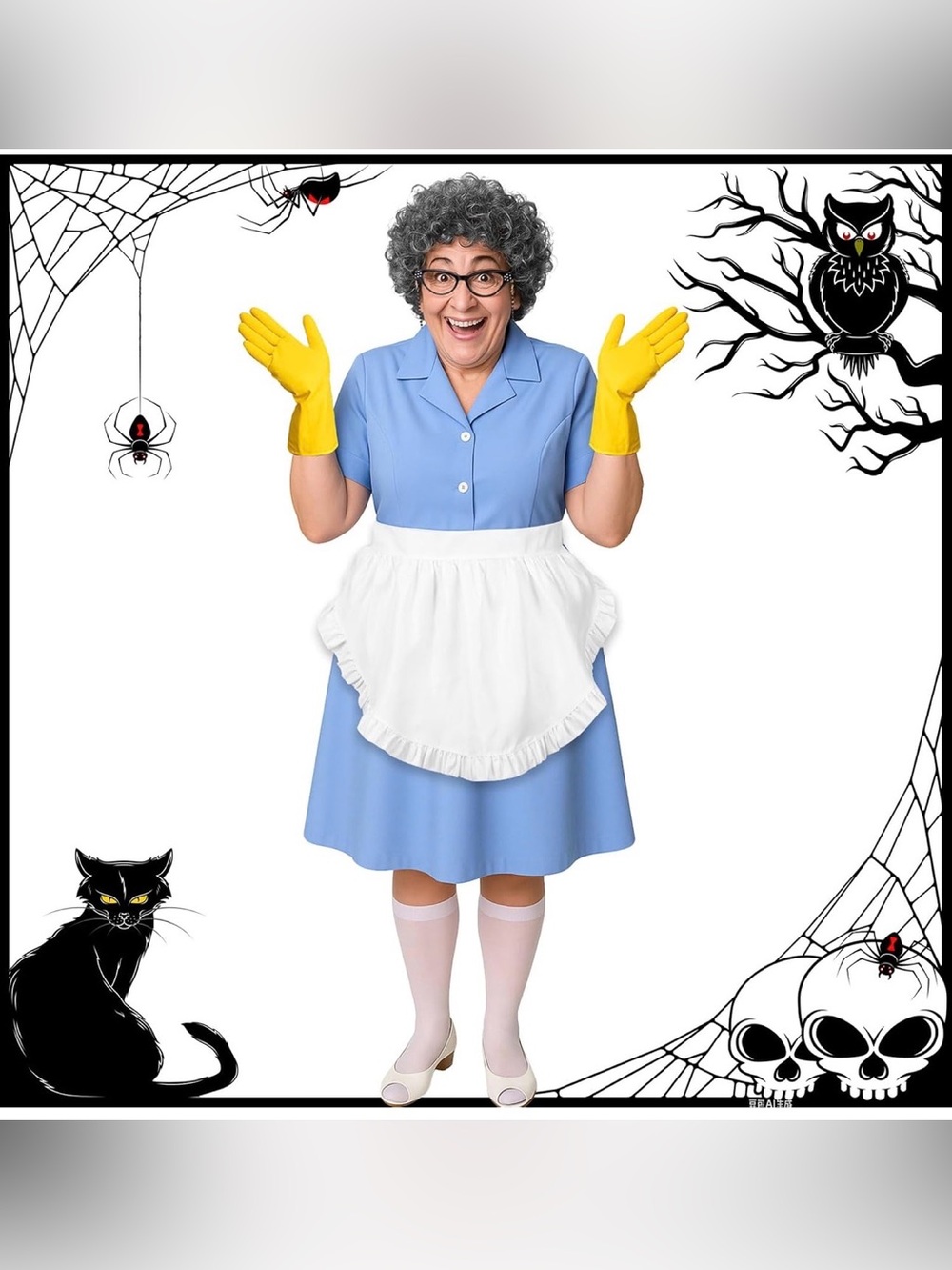 NWT Lunch Lady Costume Kitchen Staff Accessories Old Lady Wig Dress Apron Gloves